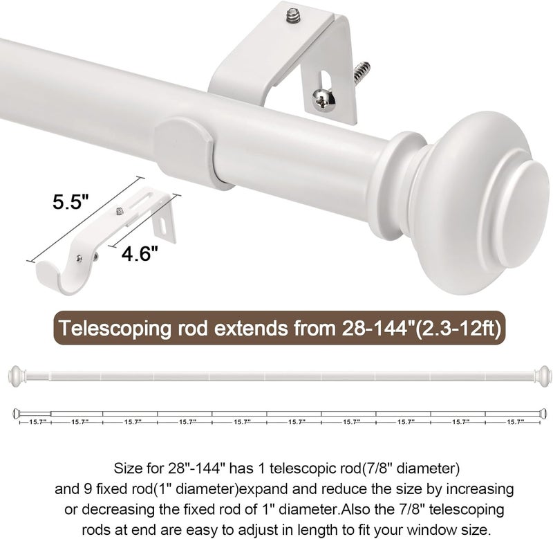 SIMEWIN White Curtain Rods for Windows 72 to 144 Inches Adjustable Decorative 1 Inch Diameter Single Window Curtain Rod Set with Classic Finials, White Finishing - Image 5